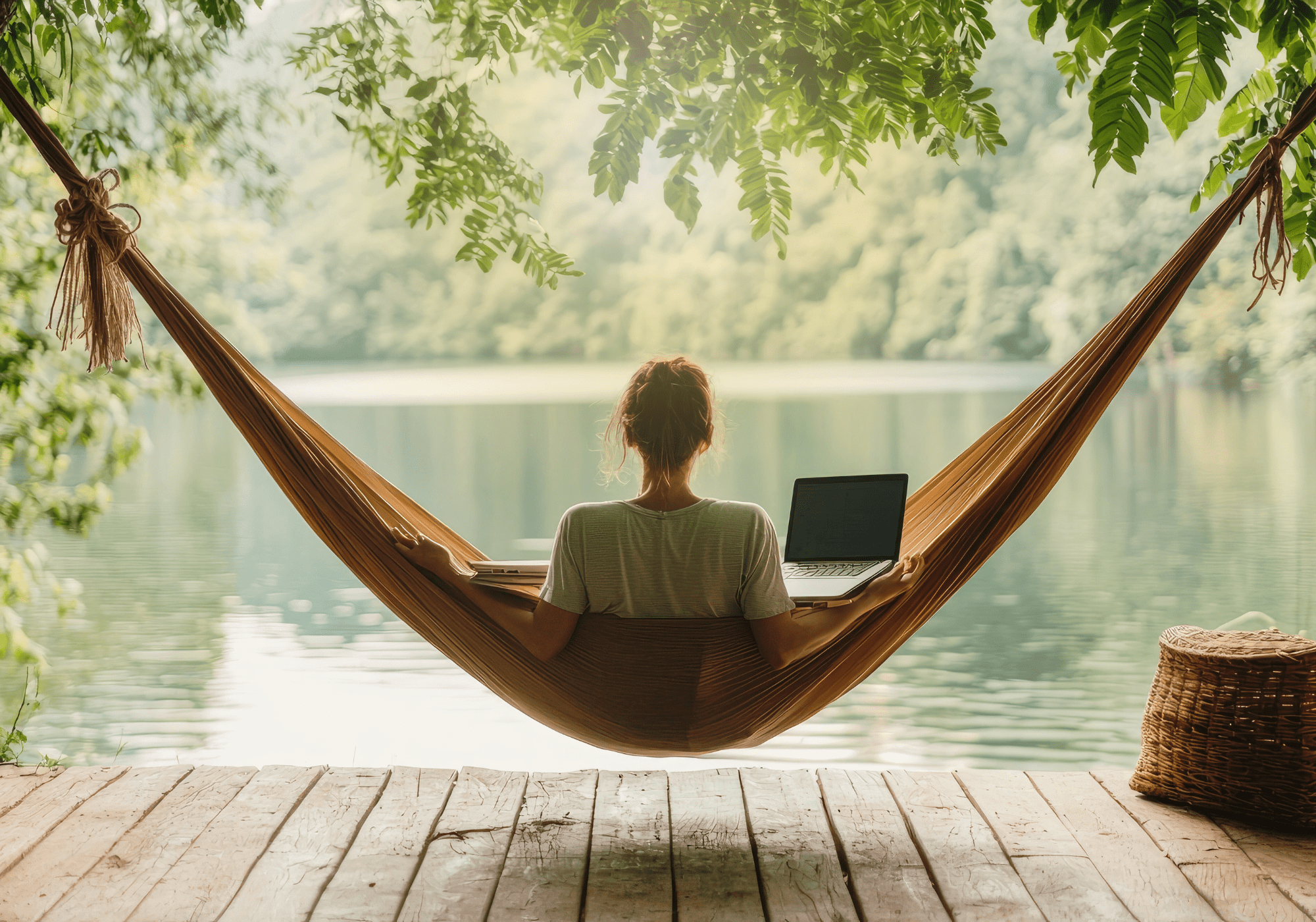 Woman working remotely in a serene spot